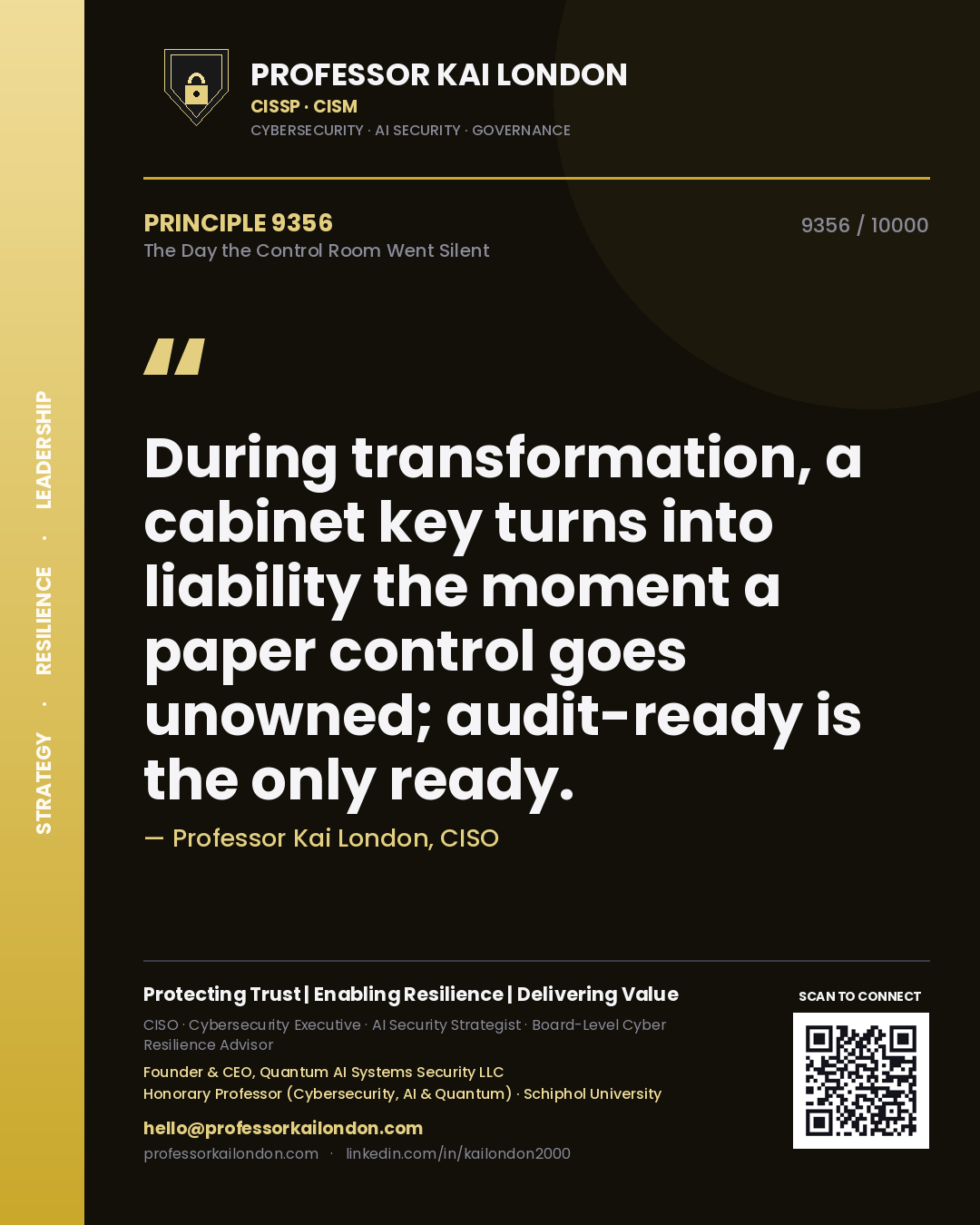 Quote card by Professor Kai London reading 'During transformation, a cabinet key turns into liability the moment a paper control goes unowned; audit-ready is the only ready.'. From the book The Day the Control Room Went Silent.