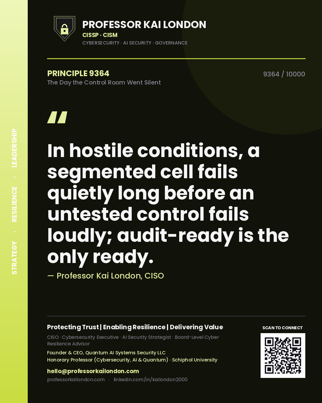 Quote card by Professor Kai London reading 'In hostile conditions, a segmented cell fails quietly long before an untested control fails loudly; audit-ready is the only ready.'. From the book The Day the Control Room Went Silent.