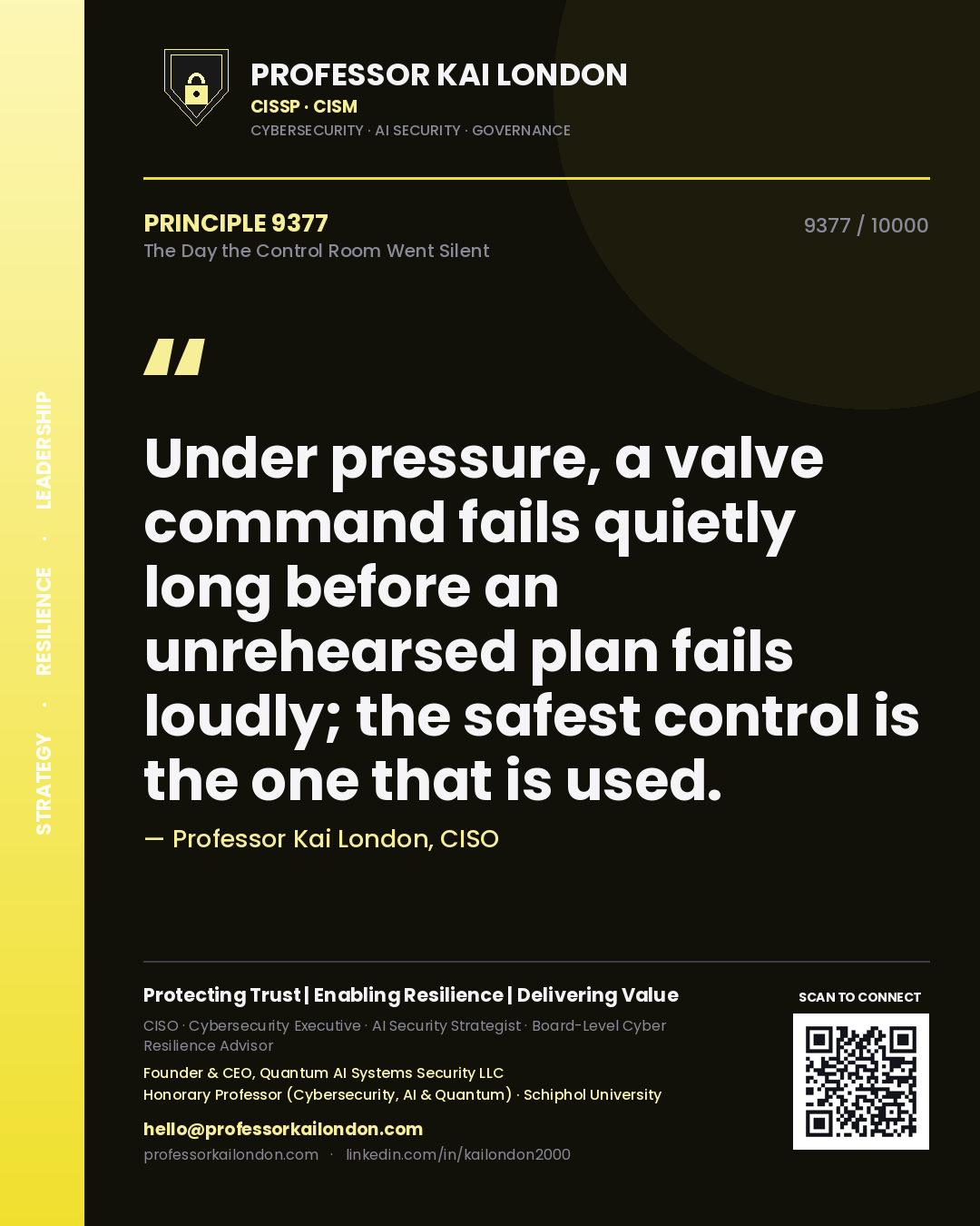 Quote card by Professor Kai London reading 'Under pressure, a valve command fails quietly long before an unrehearsed plan fails loudly; the safest control is the one that is used.'. From the book The Day the Control Room Went Silent.