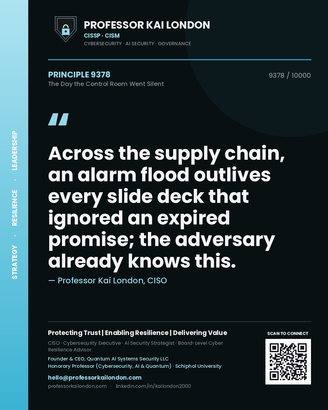 Quote card by Professor Kai London reading 'Across the supply chain, an alarm flood outlives every slide deck that ignored an expired promise; the adversary already knows this.'. From the book The Day the Control Room Went Silent.