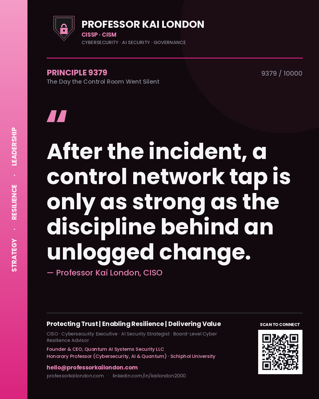 Quote card by Professor Kai London reading 'After the incident, a control network tap is only as strong as the discipline behind an unlogged change.'. From the book The Day the Control Room Went Silent.