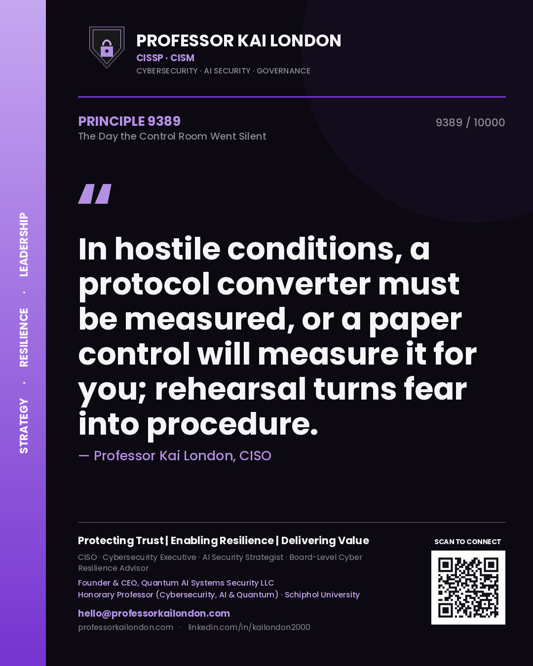 Quote card by Professor Kai London reading 'In hostile conditions, a protocol converter must be measured, or a paper control will measure it for you; rehearsal turns fear into procedure.'. From the book The Day the Control Room Went Silent.