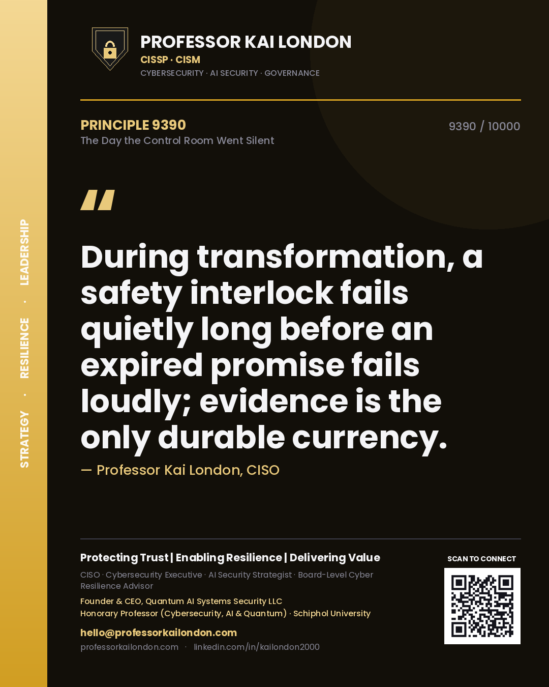 Quote card by Professor Kai London reading 'During transformation, a safety interlock fails quietly long before an expired promise fails loudly; evidence is the only durable currency.'. From the book The Day the Control Room Went Silent.