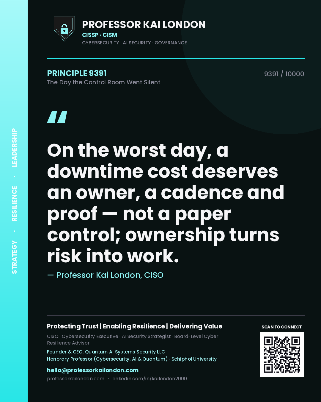 Quote card by Professor Kai London reading 'On the worst day, a downtime cost deserves an owner, a cadence and proof — not a paper control; ownership turns risk into work.'. From the book The Day the Control Room Went Silent.