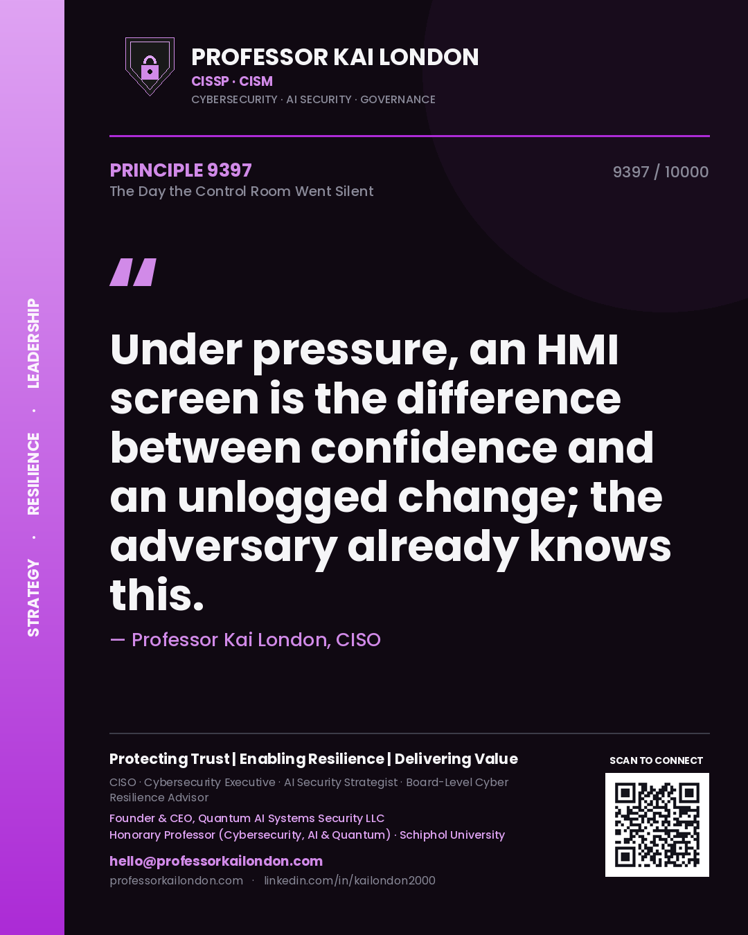 Quote card by Professor Kai London reading 'Under pressure, an HMI screen is the difference between confidence and an unlogged change; the adversary already knows this.'. From the book The Day the Control Room Went Silent.