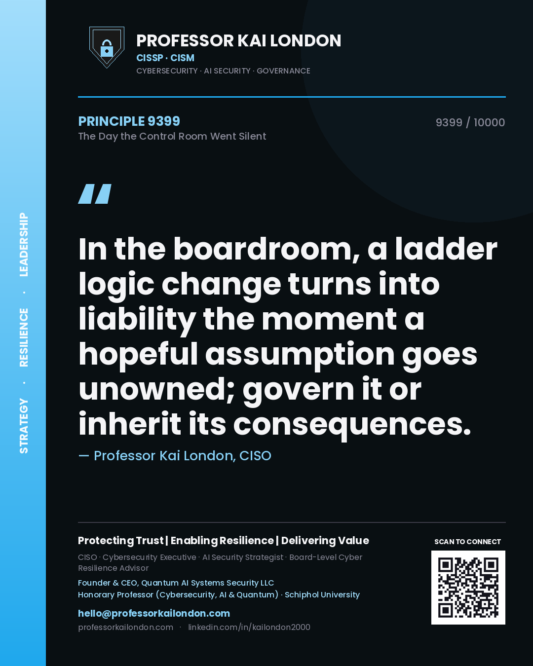 Quote card by Professor Kai London reading 'In the boardroom, a ladder logic change turns into liability the moment a hopeful assumption goes unowned; govern it or inherit its consequences.'. From the book The Day the Control Room Went Silent.