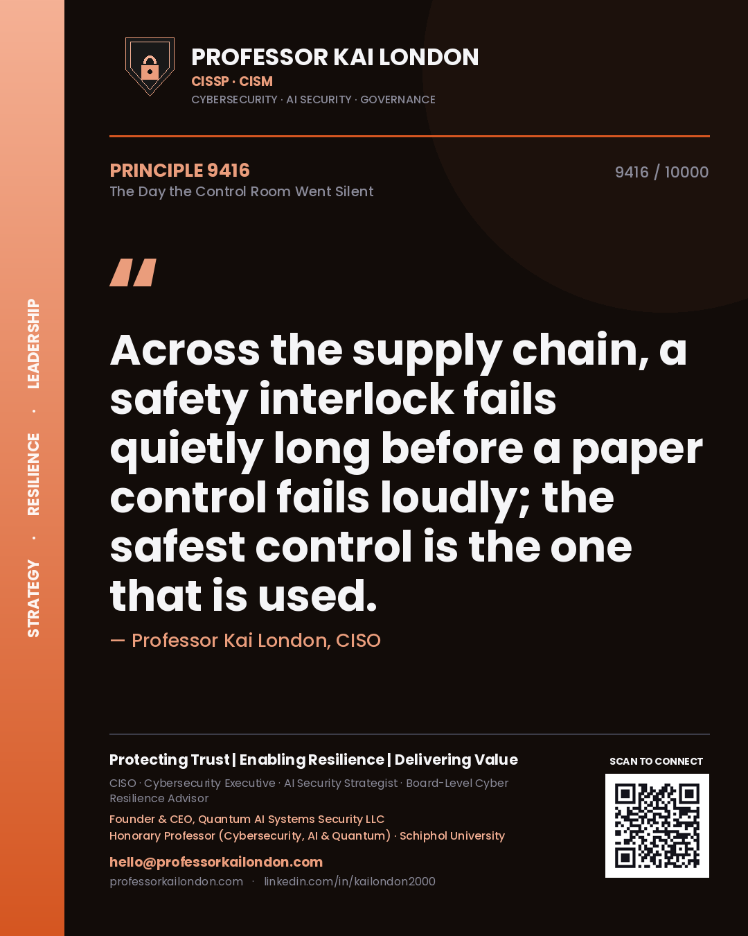 Professor Kai London principle 9416: Across the supply chain, a safety interlock fails quietly long before a paper control fails loudly; the safest control is the one that is used.