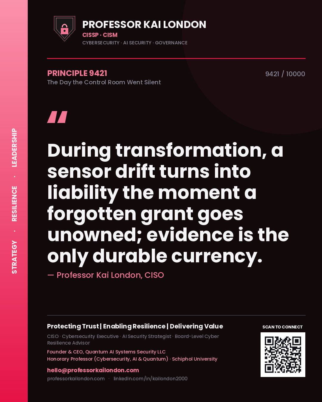 Quote card by Professor Kai London reading 'During transformation, a sensor drift turns into liability the moment a forgotten grant goes unowned; evidence is the only durable currency.'. From the book The Day the Control Room Went Silent.