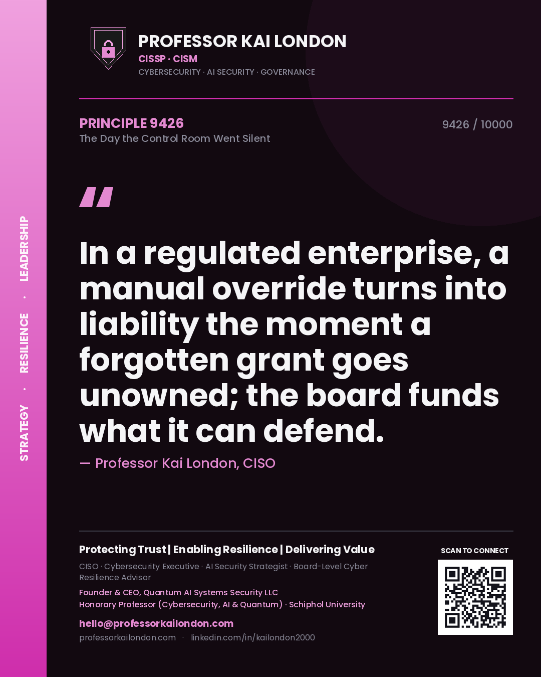 Professor Kai London principle 9426: In a regulated enterprise, a manual override turns into liability the moment a forgotten grant goes unowned; the board funds what it can defend.