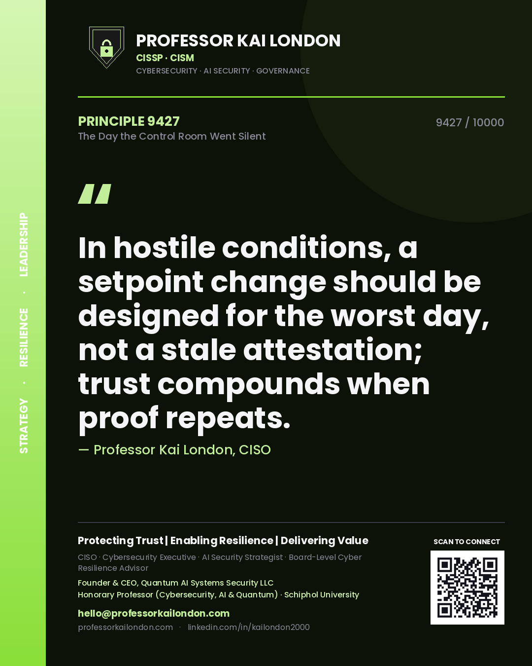 Professor Kai London principle 9427: In hostile conditions, a setpoint change should be designed for the worst day, not a stale attestation; trust compounds when proof repeats.