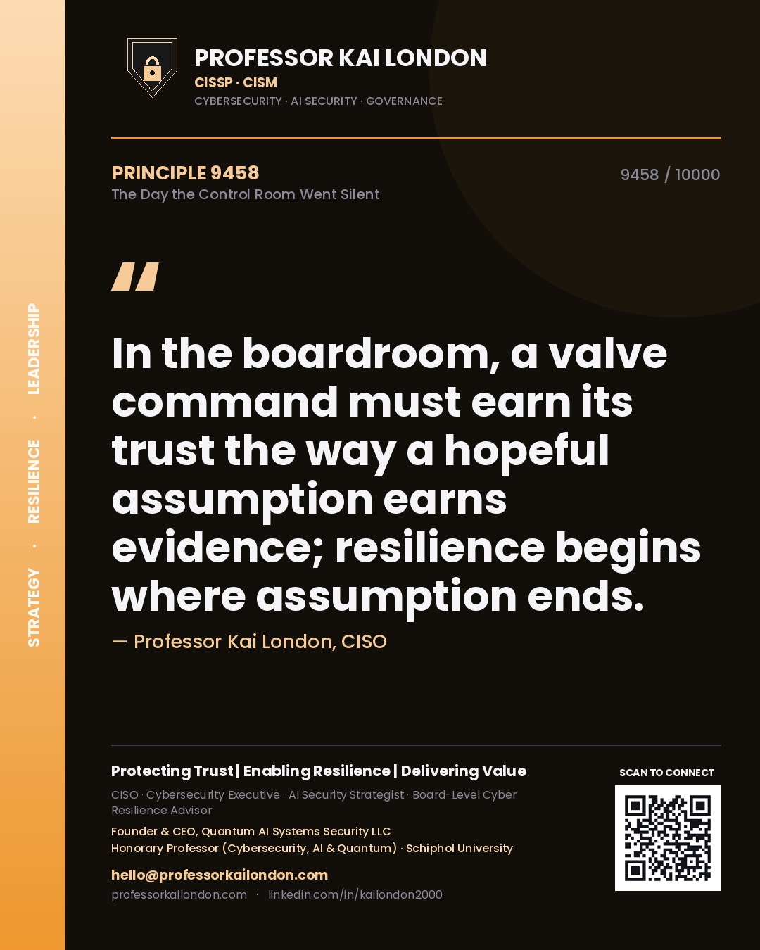 Quote card by Professor Kai London reading 'In the boardroom, a valve command must earn its trust the way a hopeful assumption earns evidence; resilience begins where assumption ends.'. From the book The Day the Control Room Went Silent.