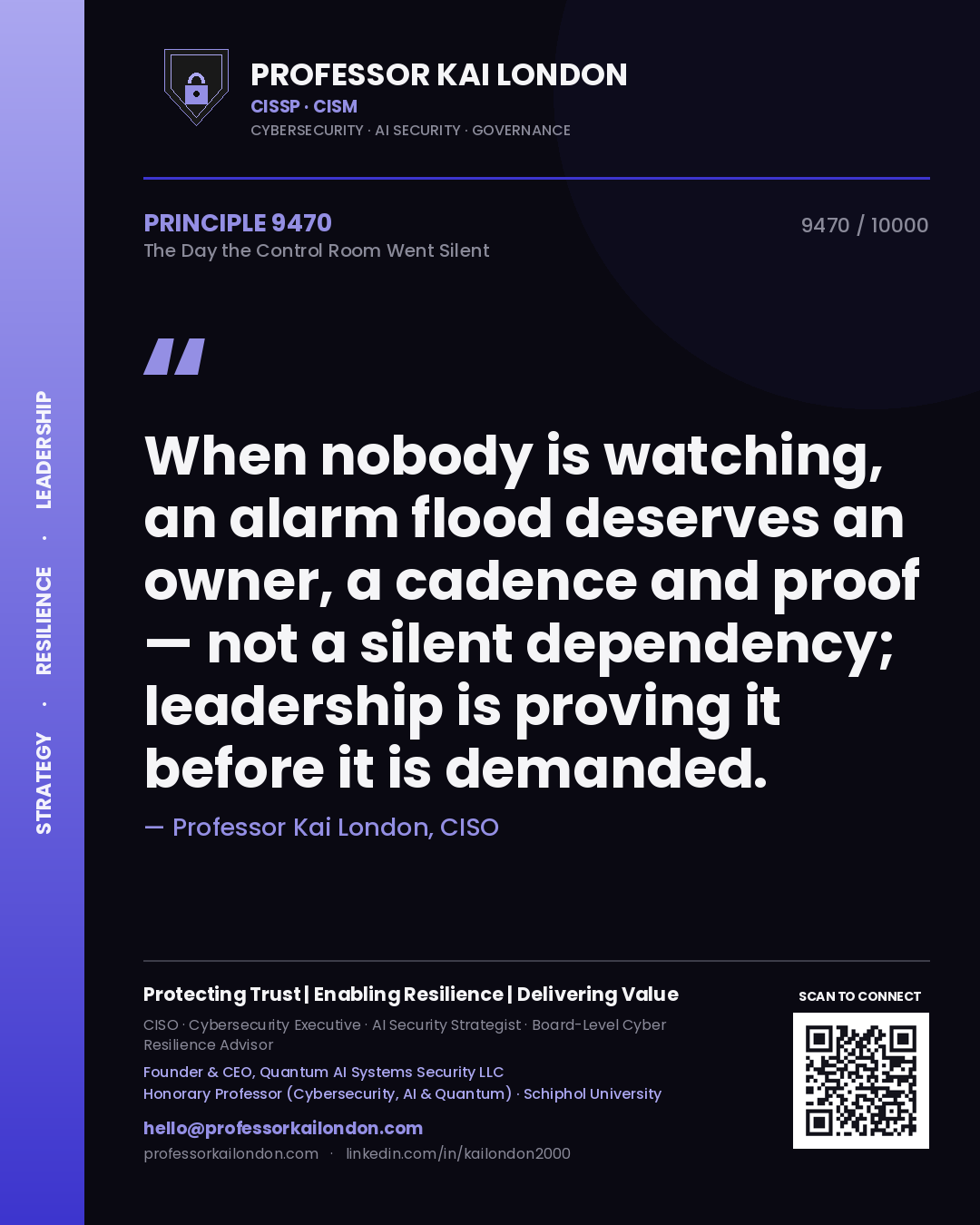 Professor Kai London principle 9470: When nobody is watching, an alarm flood deserves an owner, a cadence and proof — not a silent dependency; leadership is proving it before it is demanded.