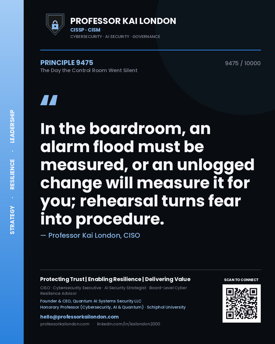 Quote card by Professor Kai London reading 'In the boardroom, an alarm flood must be measured, or an unlogged change will measure it for you; rehearsal turns fear into procedure.'. From the book The Day the Control Room Went Silent.