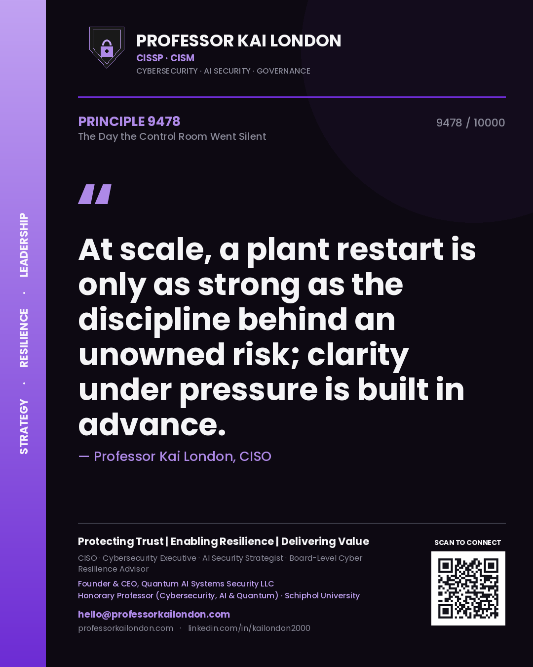 Professor Kai London principle 9478: At scale, a plant restart is only as strong as the discipline behind an unowned risk; clarity under pressure is built in advance.