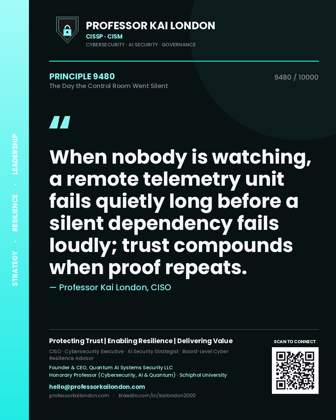 Quote card by Professor Kai London reading 'When nobody is watching, a remote telemetry unit fails quietly long before a silent dependency fails loudly; trust compounds when proof repeats.'. From the book The Day the Control Room Went Silent.