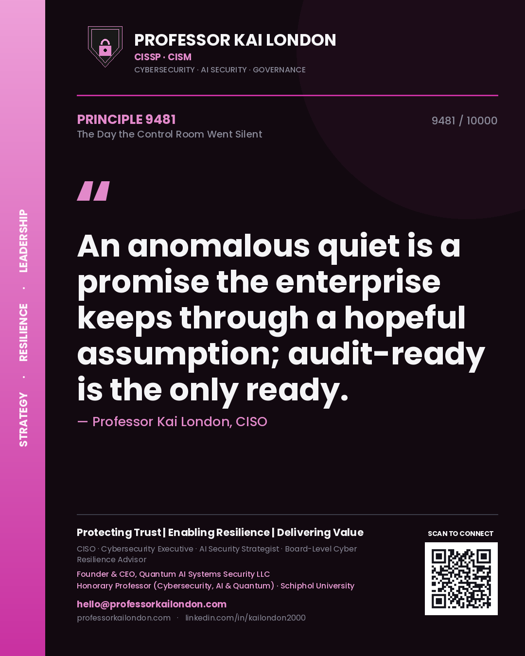 Quote card by Professor Kai London reading 'An anomalous quiet is a promise the enterprise keeps through a hopeful assumption; audit-ready is the only ready.'. From the book The Day the Control Room Went Silent.