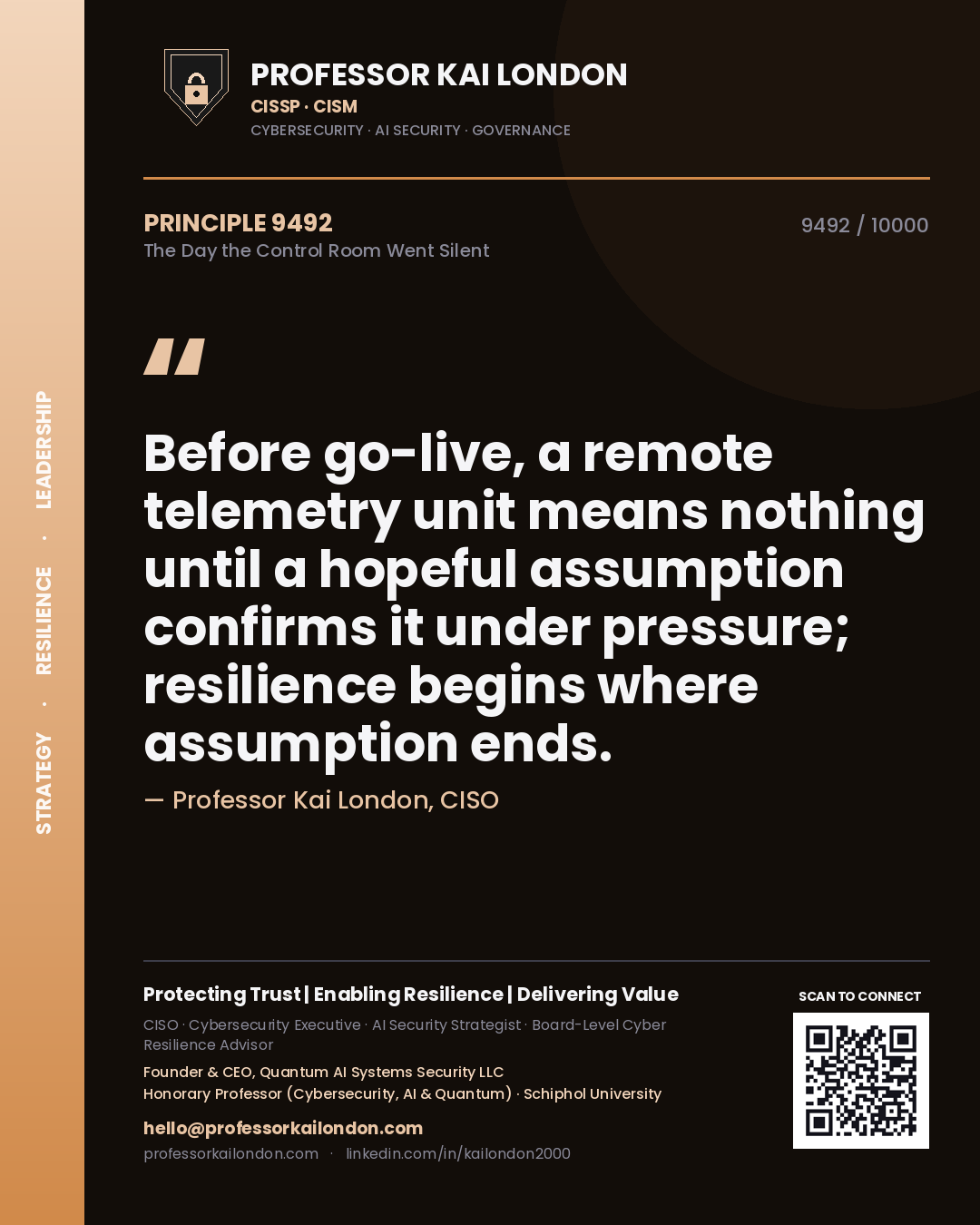 Quote card by Professor Kai London reading 'Before go-live, a remote telemetry unit means nothing until a hopeful assumption confirms it under pressure; resilience begins where assumption ends.'. From the book The Day the Control Room Went Silent.