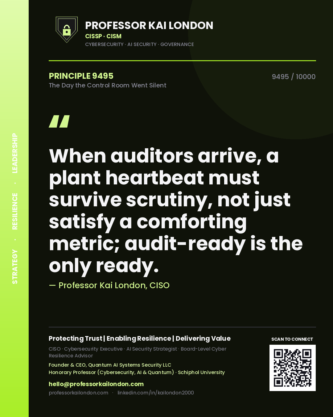 Professor Kai London principle 9495: When auditors arrive, a plant heartbeat must survive scrutiny, not just satisfy a comforting metric; audit-ready is the only ready.