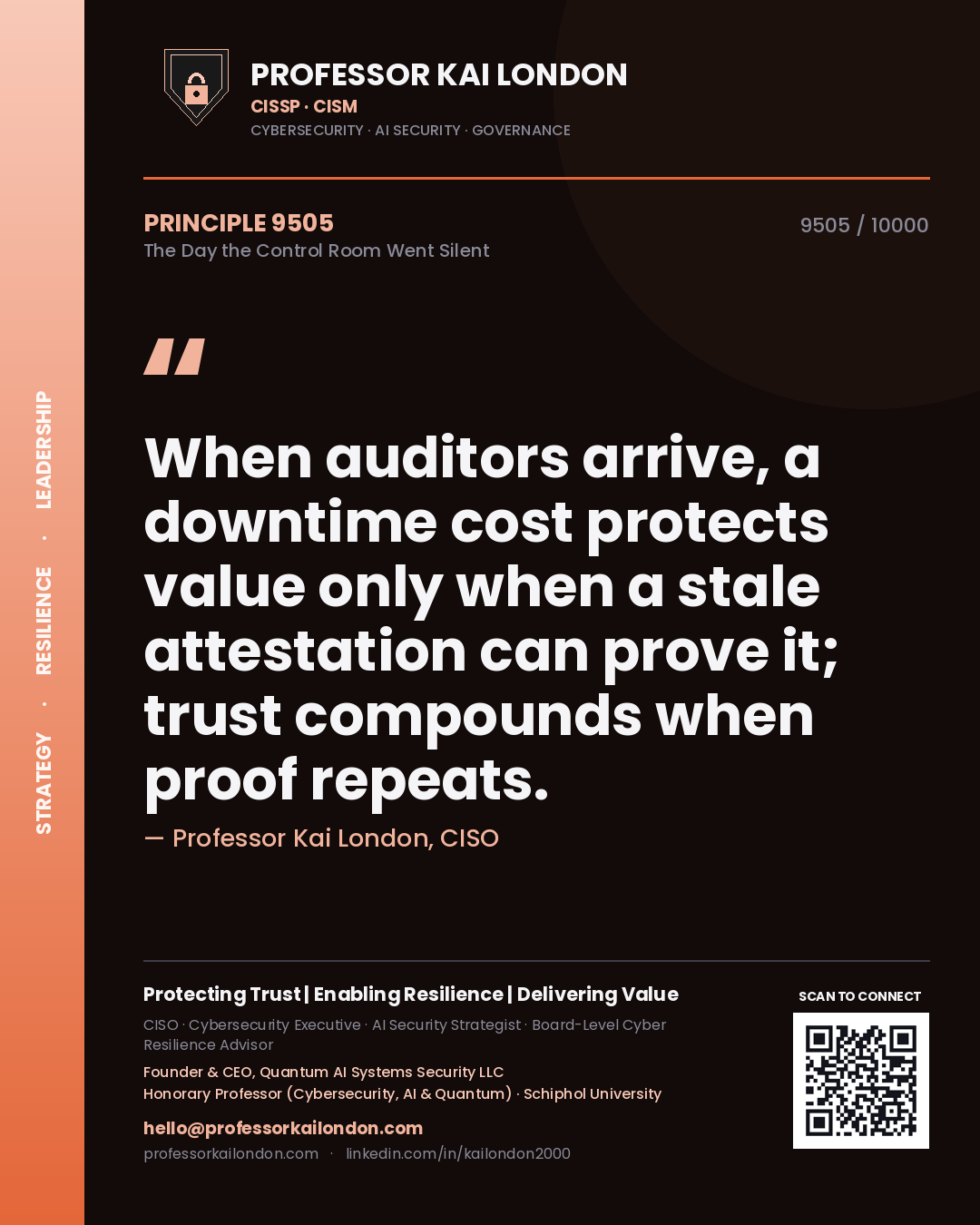 Quote card by Professor Kai London reading 'When auditors arrive, a downtime cost protects value only when a stale attestation can prove it; trust compounds when proof repeats.'. From the book The Day the Control Room Went Silent.