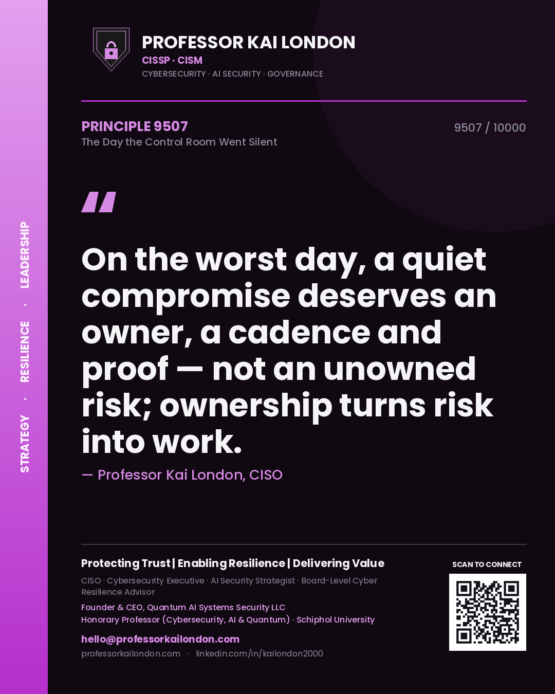 Quote card by Professor Kai London reading 'On the worst day, a quiet compromise deserves an owner, a cadence and proof — not an unowned risk; ownership turns risk into work.'. From the book The Day the Control Room Went Silent.