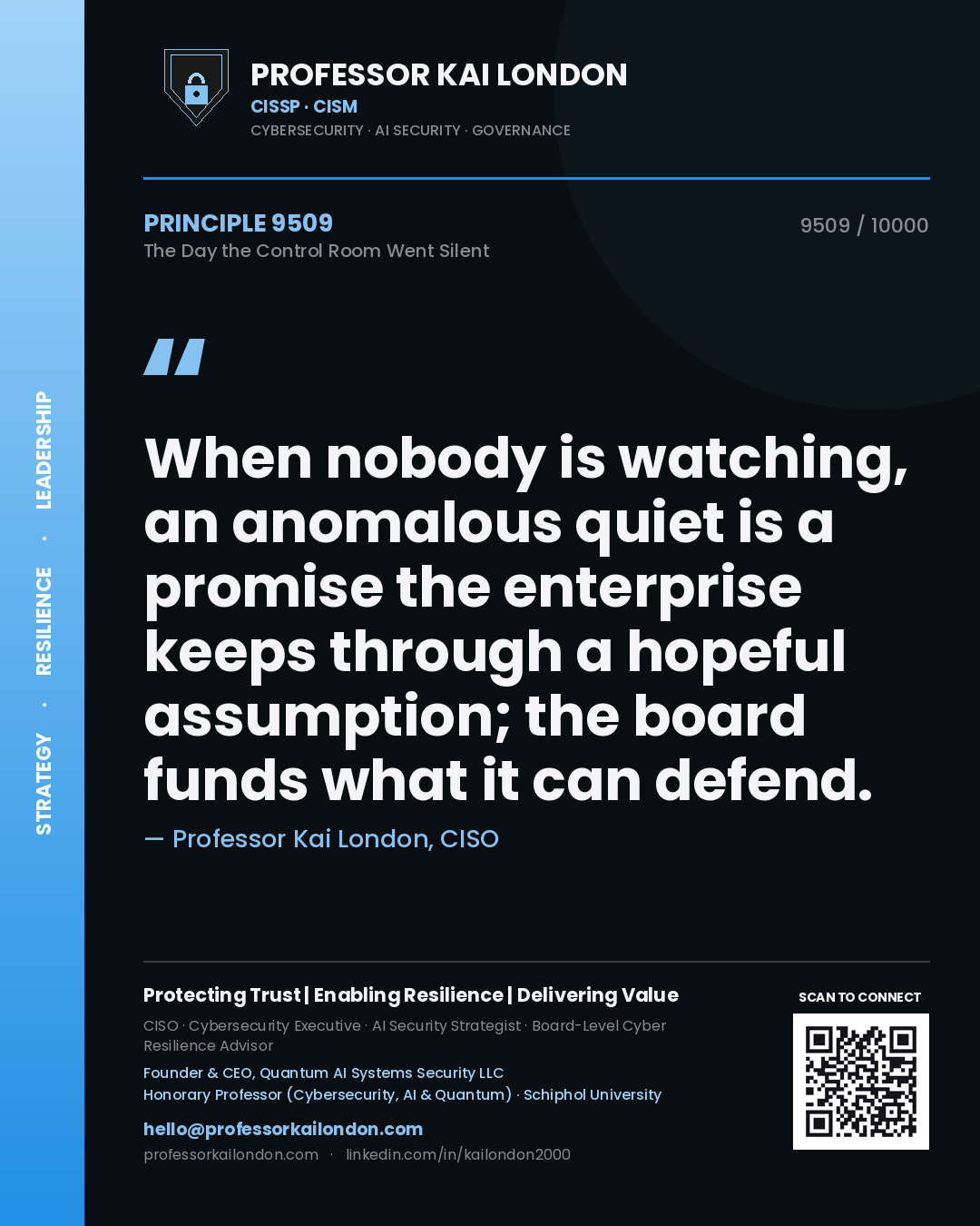 Quote card by Professor Kai London reading 'When nobody is watching, an anomalous quiet is a promise the enterprise keeps through a hopeful assumption; the board funds what it can defend.'. From the book The Day the Control Room Went Silent.