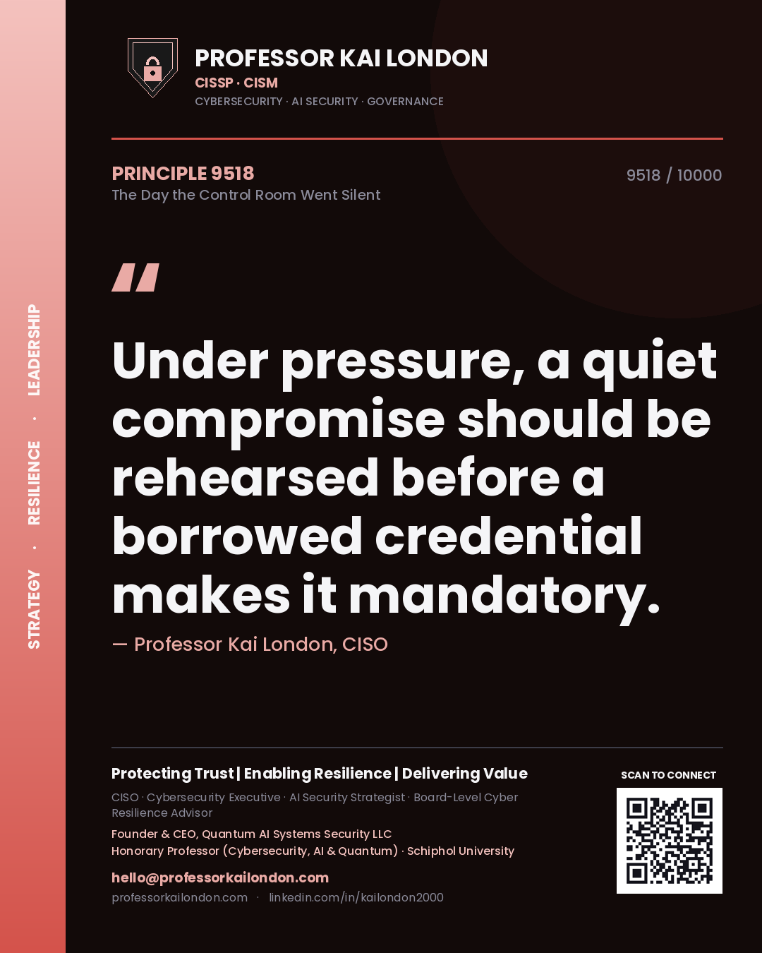 Quote card by Professor Kai London reading 'Under pressure, a quiet compromise should be rehearsed before a borrowed credential makes it mandatory.'. From the book The Day the Control Room Went Silent.