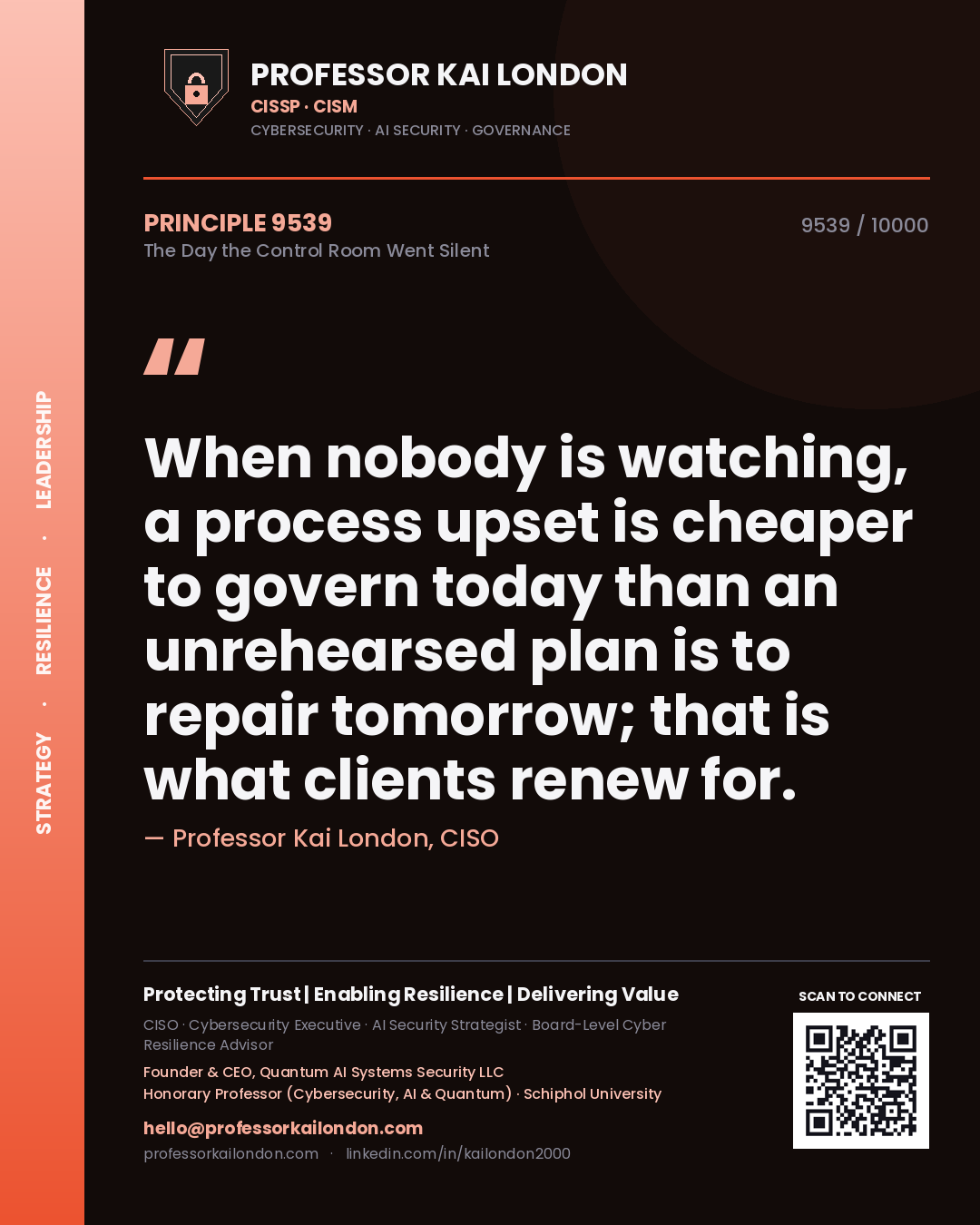 Quote card by Professor Kai London reading 'When nobody is watching, a process upset is cheaper to govern today than an unrehearsed plan is to repair tomorrow; that is what clients renew for.'. From the book The Day the Control Room Went Silent.