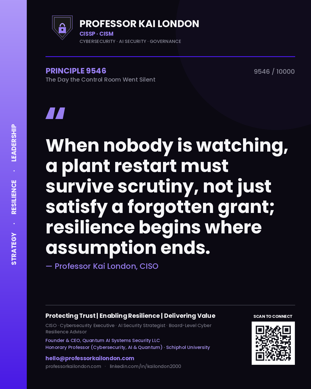 Quote card by Professor Kai London reading 'When nobody is watching, a plant restart must survive scrutiny, not just satisfy a forgotten grant; resilience begins where assumption ends.'. From the book The Day the Control Room Went Silent.