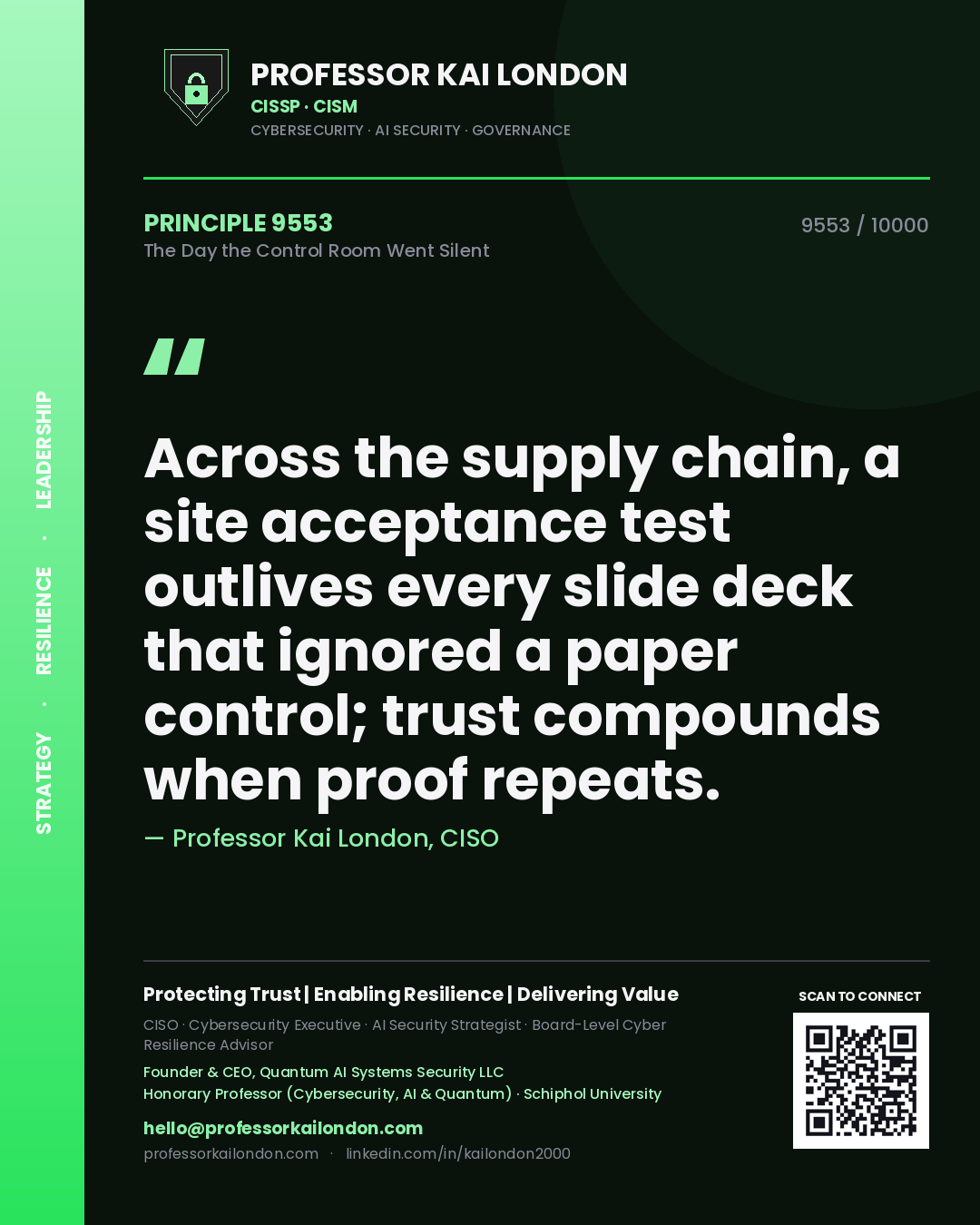 Quote card by Professor Kai London reading 'Across the supply chain, a site acceptance test outlives every slide deck that ignored a paper control; trust compounds when proof repeats.'. From the book The Day the Control Room Went Silent.