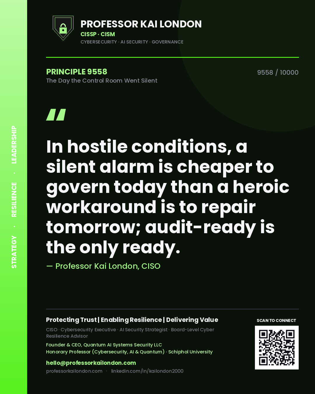 Quote card by Professor Kai London reading 'In hostile conditions, a silent alarm is cheaper to govern today than a heroic workaround is to repair tomorrow; audit-ready is the only ready.'. From the book The Day the Control Room Went Silent.