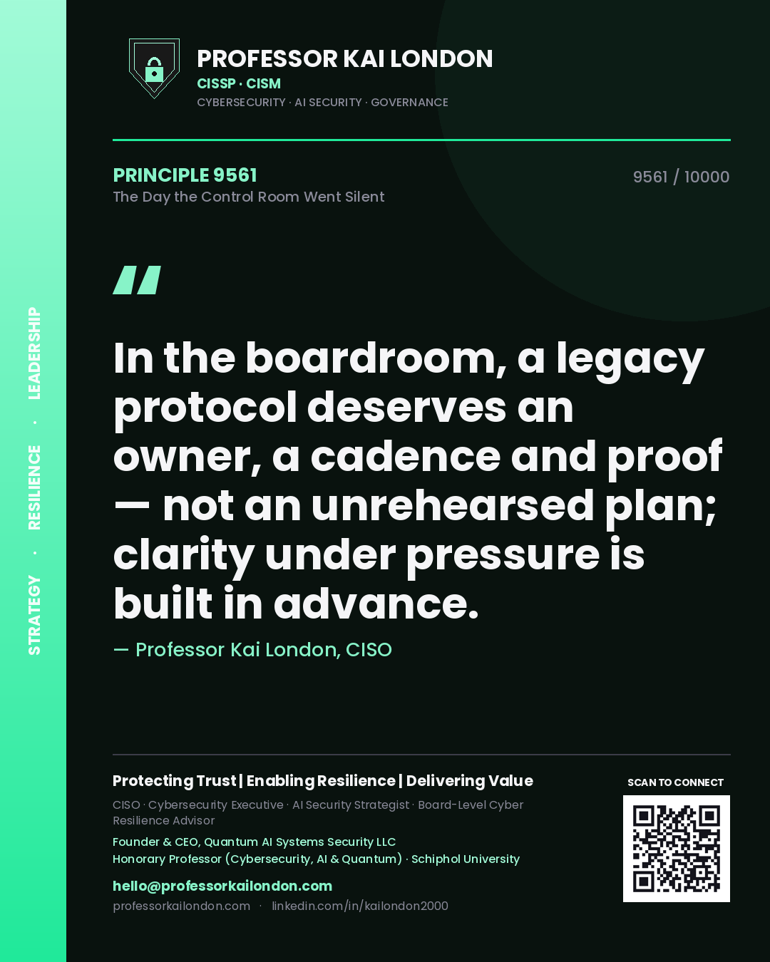 Quote card by Professor Kai London reading 'In the boardroom, a legacy protocol deserves an owner, a cadence and proof — not an unrehearsed plan; clarity under pressure is built in advance.'. From the book The Day the Control Room Went Silent.