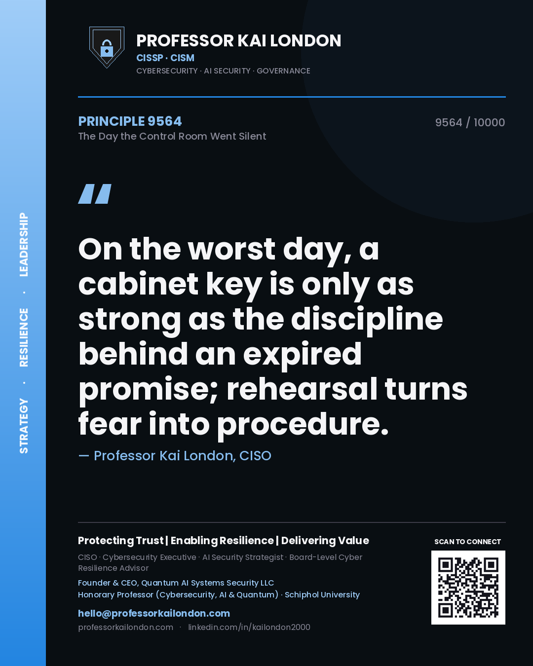 Quote card by Professor Kai London reading 'On the worst day, a cabinet key is only as strong as the discipline behind an expired promise; rehearsal turns fear into procedure.'. From the book The Day the Control Room Went Silent.