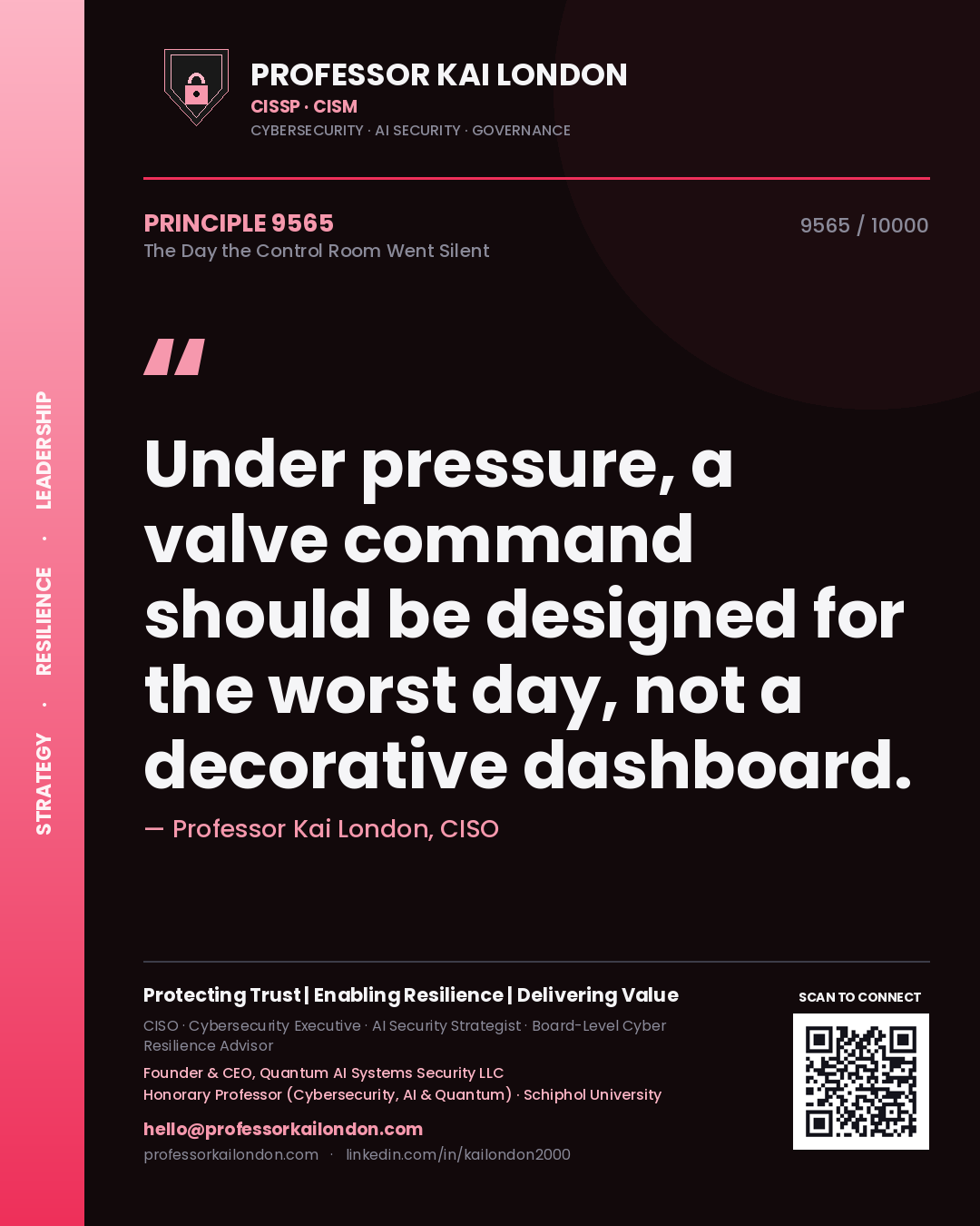 Quote card by Professor Kai London reading 'Under pressure, a valve command should be designed for the worst day, not a decorative dashboard.'. From the book The Day the Control Room Went Silent.