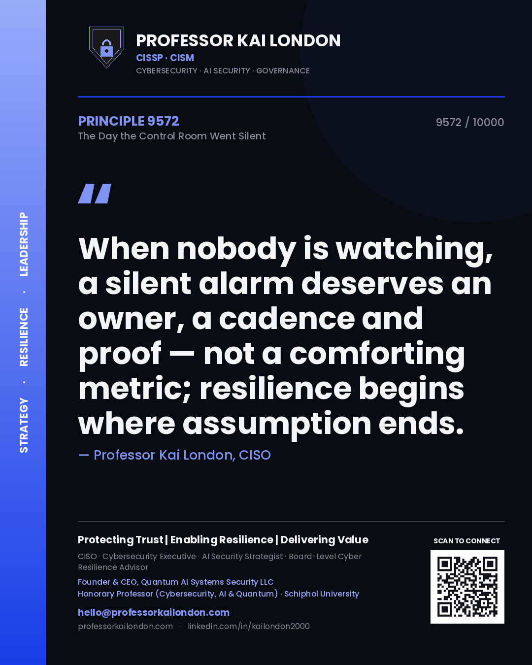 Quote card by Professor Kai London reading 'When nobody is watching, a silent alarm deserves an owner, a cadence and proof — not a comforting metric; resilience begins where assumption ends.'. From the book The Day the Control Room Went Silent.