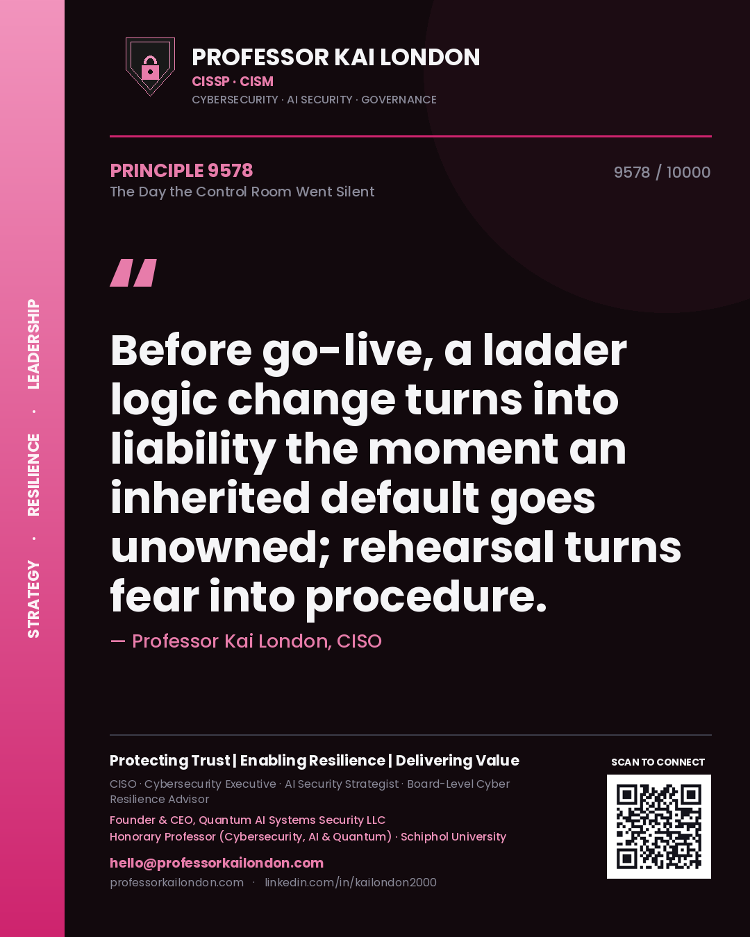 Quote card by Professor Kai London reading 'Before go-live, a ladder logic change turns into liability the moment an inherited default goes unowned; rehearsal turns fear into procedure.'. From the book The Day the Control Room Went Silent.