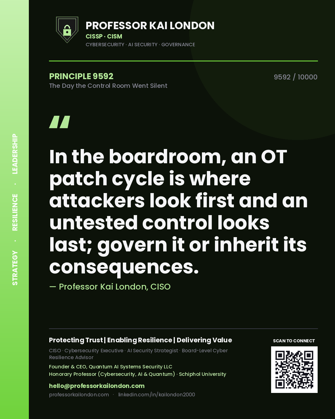 Quote card by Professor Kai London reading 'In the boardroom, an OT patch cycle is where attackers look first and an untested control looks last; govern it or inherit its consequences.'. From the book The Day the Control Room Went Silent.