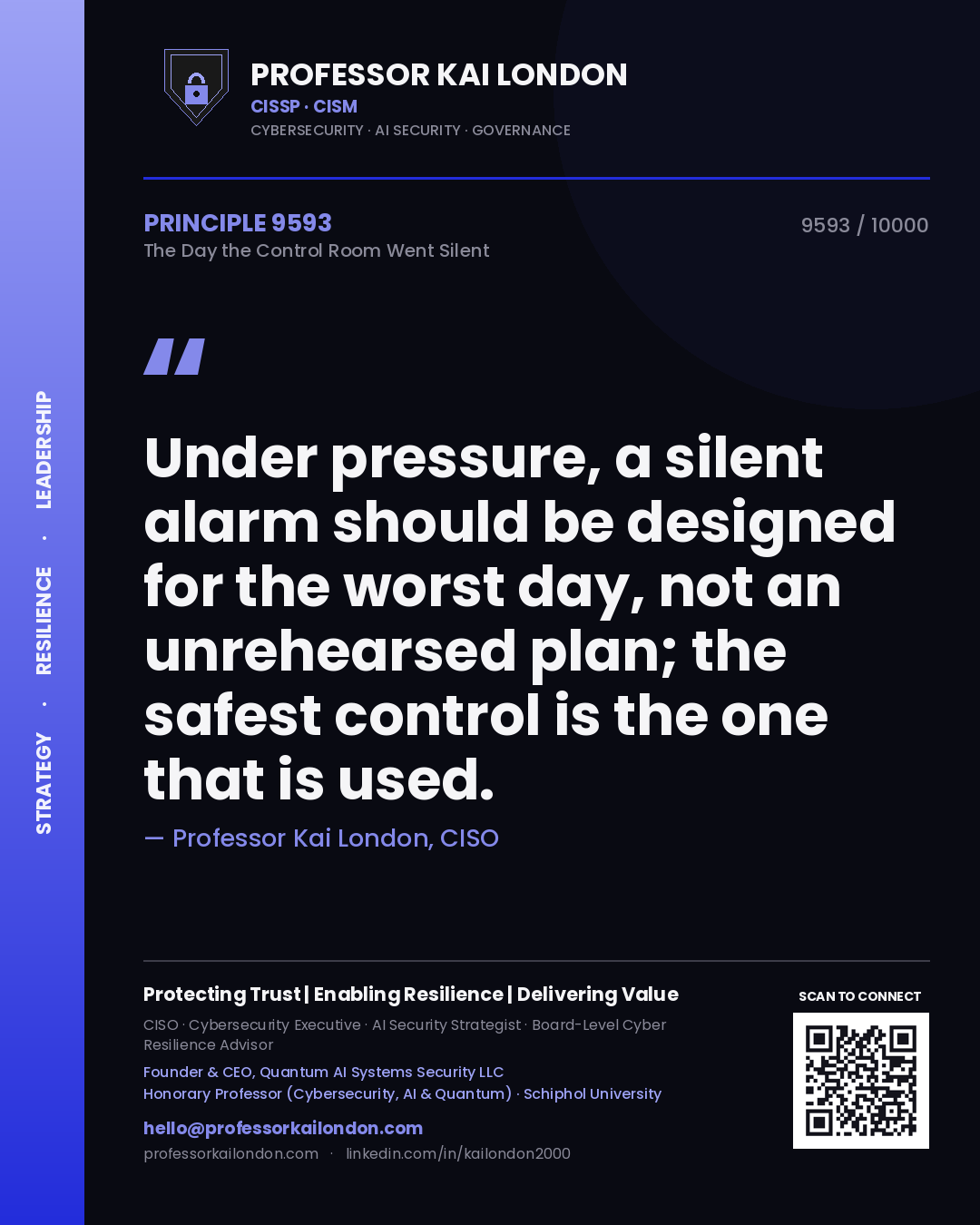 Quote card by Professor Kai London reading 'Under pressure, a silent alarm should be designed for the worst day, not an unrehearsed plan; the safest control is the one that is used.'. From the book The Day the Control Room Went Silent.