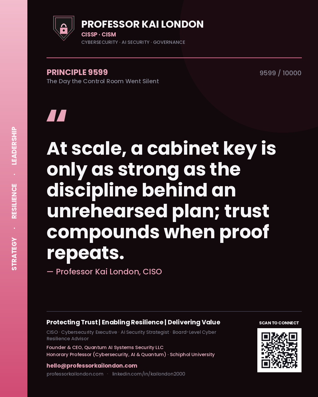 Quote card by Professor Kai London reading 'At scale, a cabinet key is only as strong as the discipline behind an unrehearsed plan; trust compounds when proof repeats.'. From the book The Day the Control Room Went Silent.