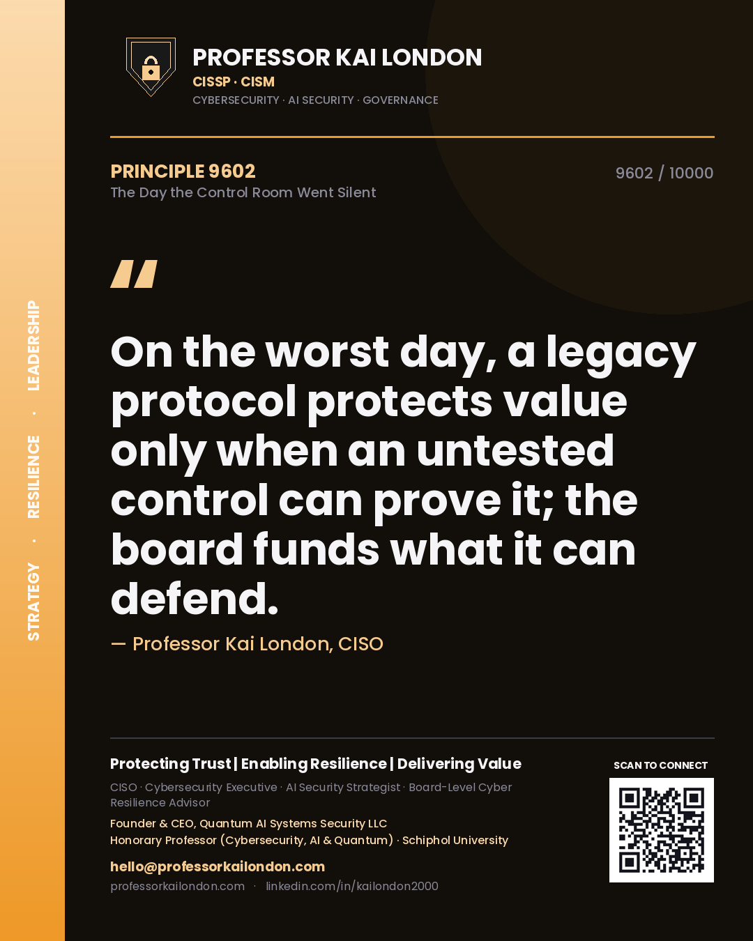 Professor Kai London principle 9602: On the worst day, a legacy protocol protects value only when an untested control can prove it; the board funds what it can defend.