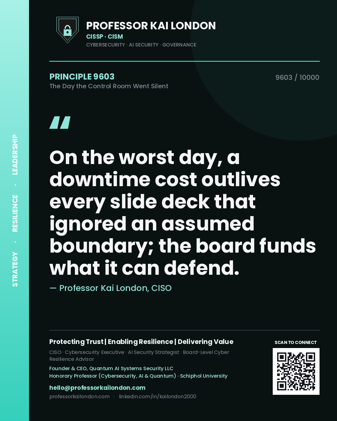 Professor Kai London principle 9603: On the worst day, a downtime cost outlives every slide deck that ignored an assumed boundary; the board funds what it can defend.