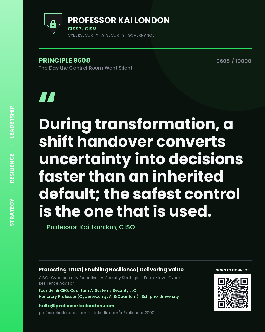 Professor Kai London principle 9608: During transformation, a shift handover converts uncertainty into decisions faster than an inherited default; the safest control is the one that is used.