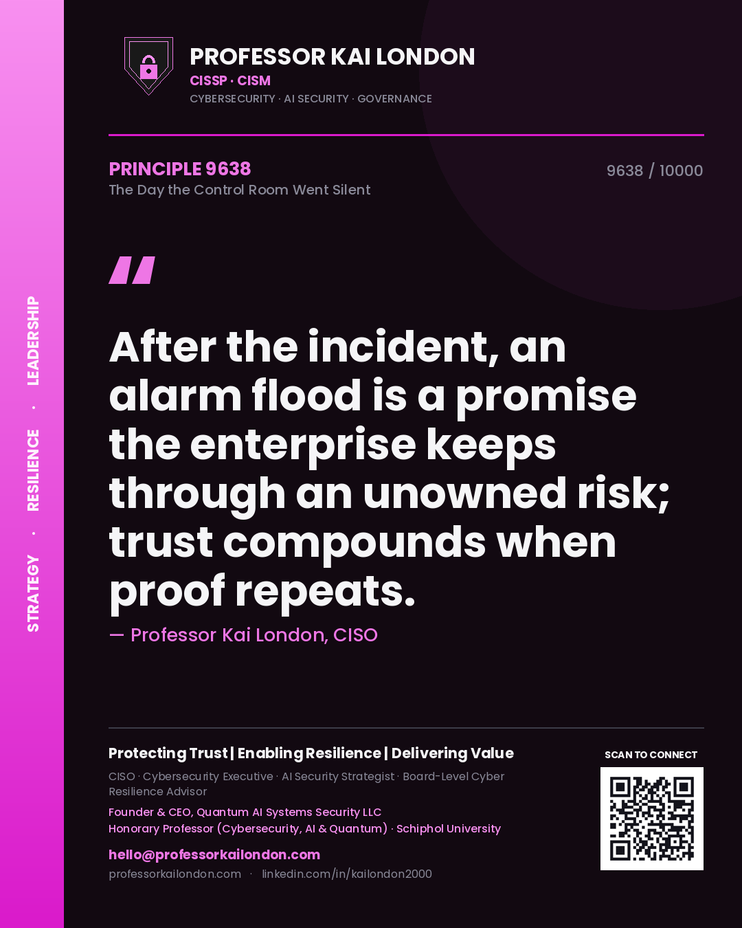 Quote card by Professor Kai London reading 'After the incident, an alarm flood is a promise the enterprise keeps through an unowned risk; trust compounds when proof repeats.'. From the book The Day the Control Room Went Silent.