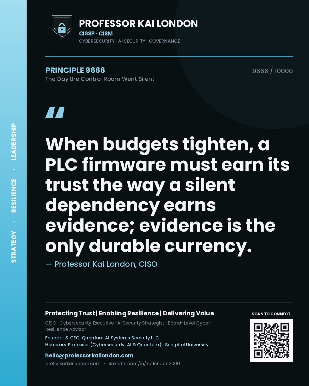 Professor Kai London principle 9666: When budgets tighten, a PLC firmware must earn its trust the way a silent dependency earns evidence; evidence is the only durable currency.
