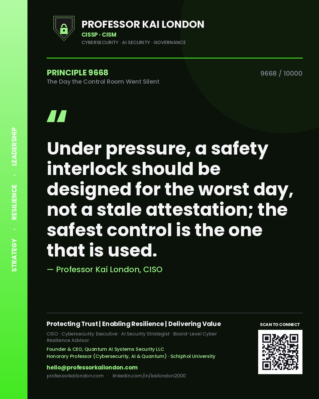 Quote card by Professor Kai London reading 'Under pressure, a safety interlock should be designed for the worst day, not a stale attestation; the safest control is the one that is used.'. From the book The Day the Control Room Went Silent.