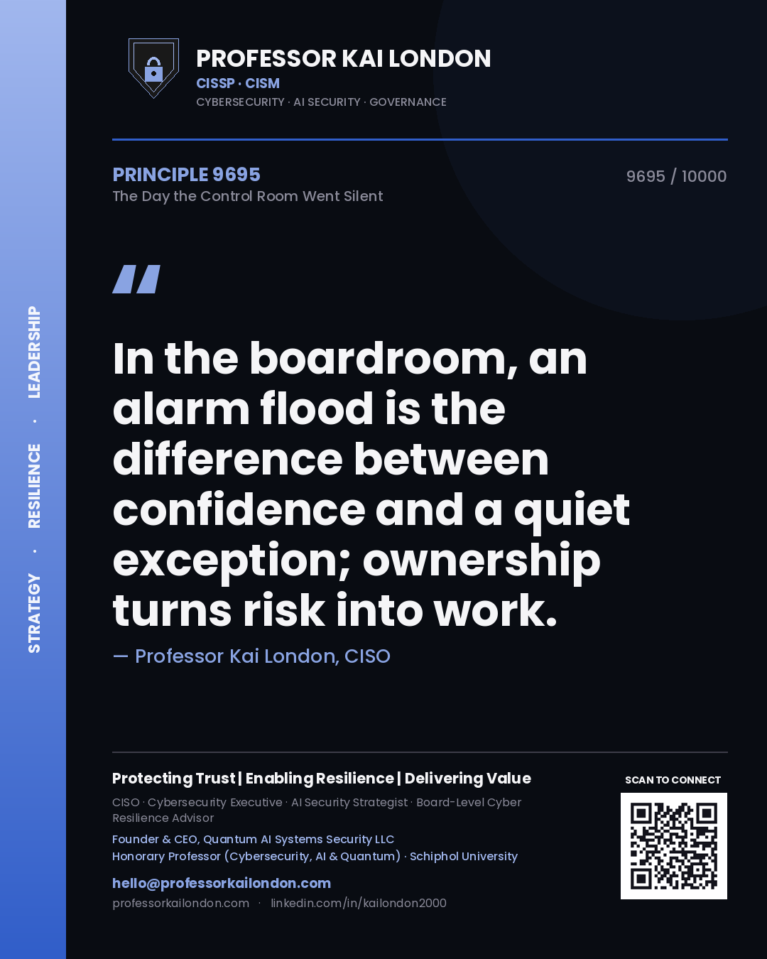 Professor Kai London principle 9695: In the boardroom, an alarm flood is the difference between confidence and a quiet exception; ownership turns risk into work.