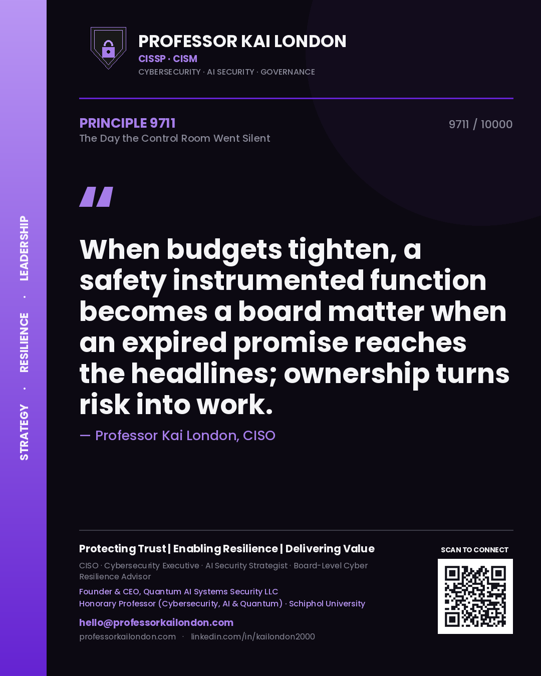 Professor Kai London principle 9711: When budgets tighten, a safety instrumented function becomes a board matter when an expired promise reaches the headlines; ownership turns risk into work.