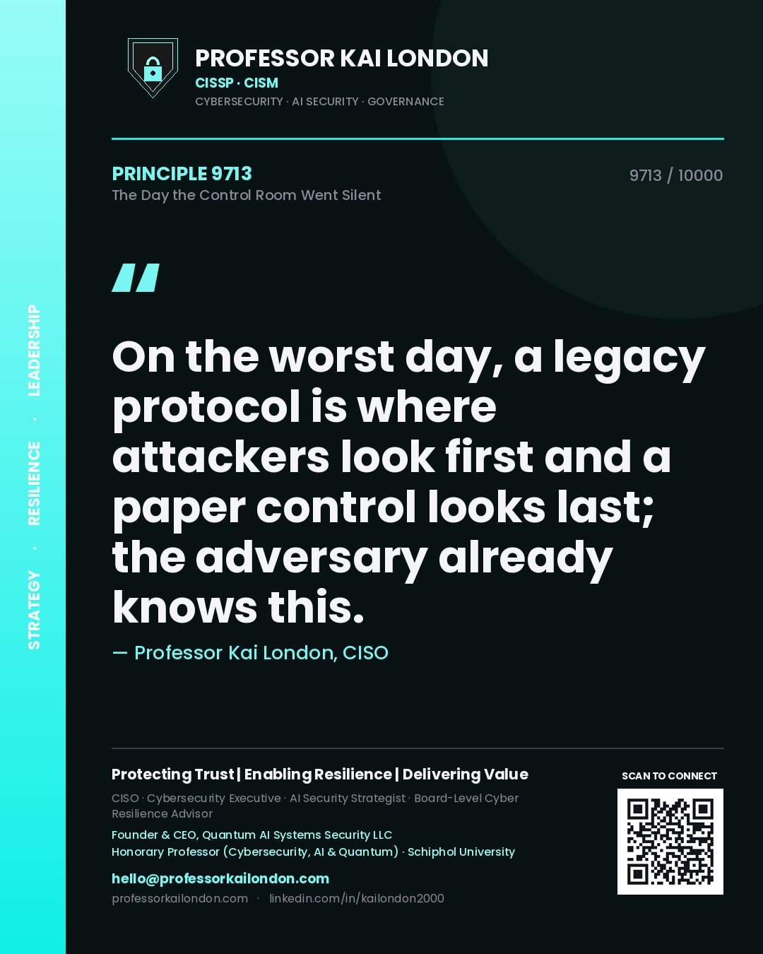 Professor Kai London principle 9713: On the worst day, a legacy protocol is where attackers look first and a paper control looks last; the adversary already knows this.