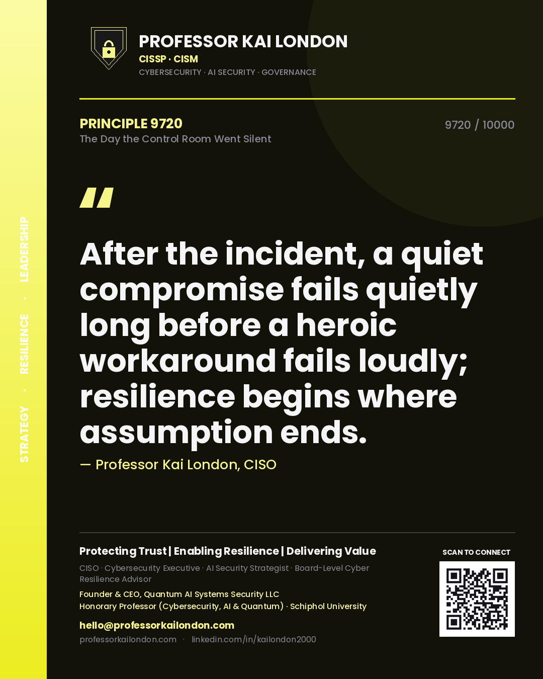 Quote card by Professor Kai London reading 'After the incident, a quiet compromise fails quietly long before a heroic workaround fails loudly; resilience begins where assumption ends.'. From the book The Day the Control Room Went Silent.