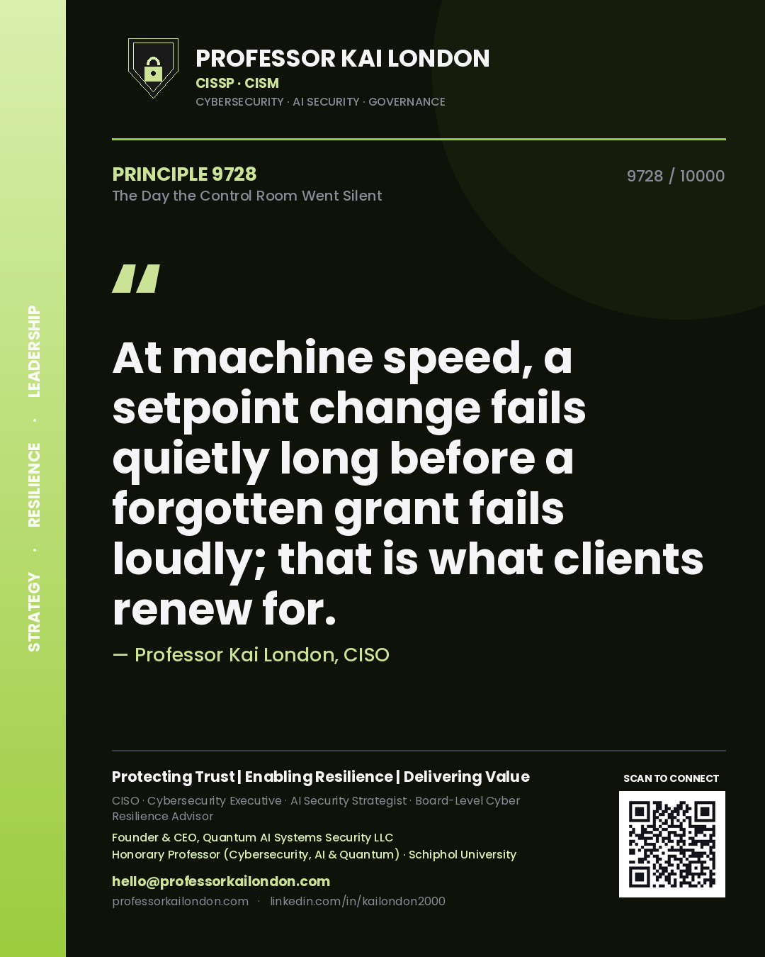 Professor Kai London principle 9728: At machine speed, a setpoint change fails quietly long before a forgotten grant fails loudly; that is what clients renew for.
