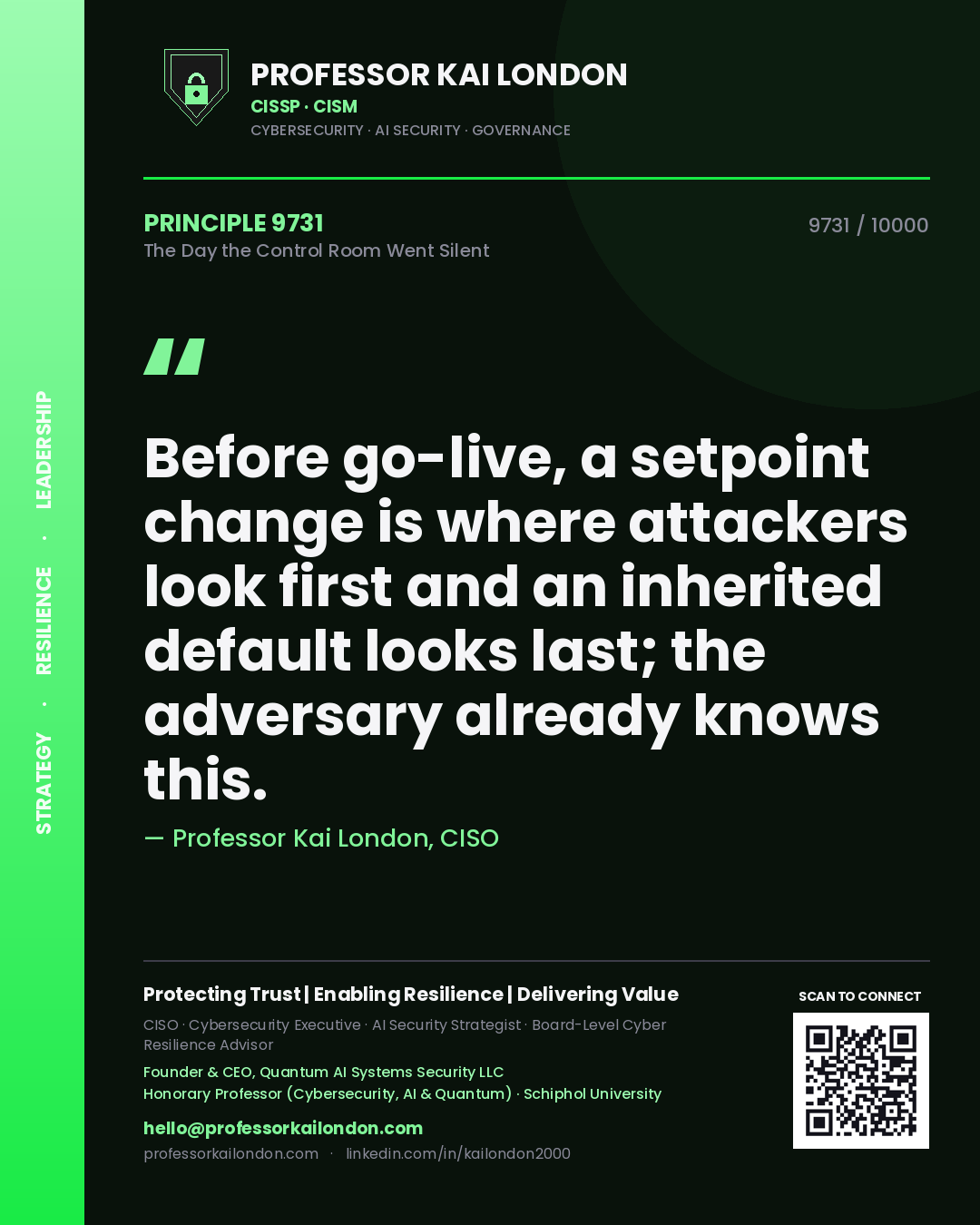 Quote card by Professor Kai London reading 'Before go-live, a setpoint change is where attackers look first and an inherited default looks last; the adversary already knows this.'. From the book The Day the Control Room Went Silent.
